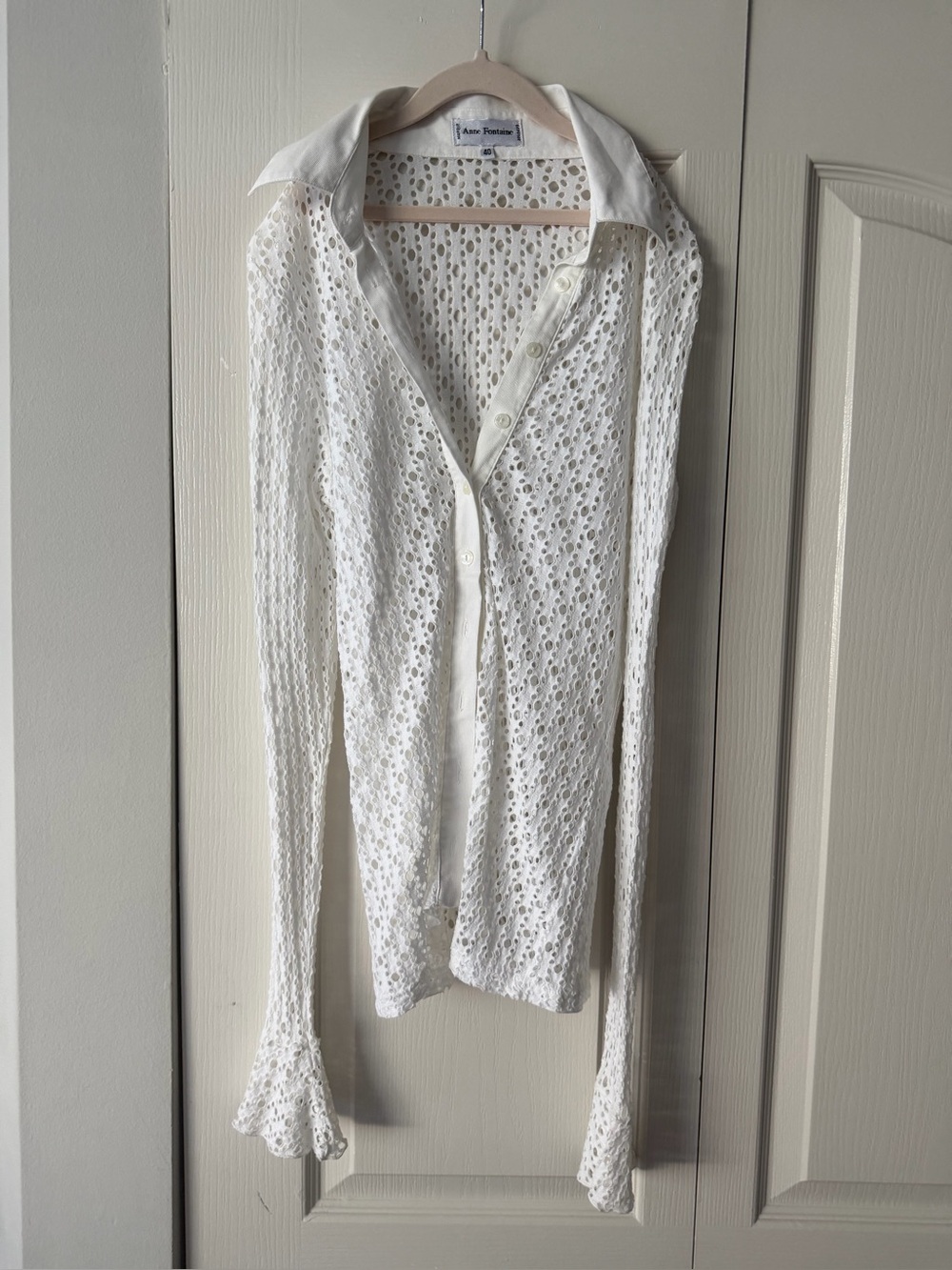 Anne Fontaine White Crochet Button-Down Shirt